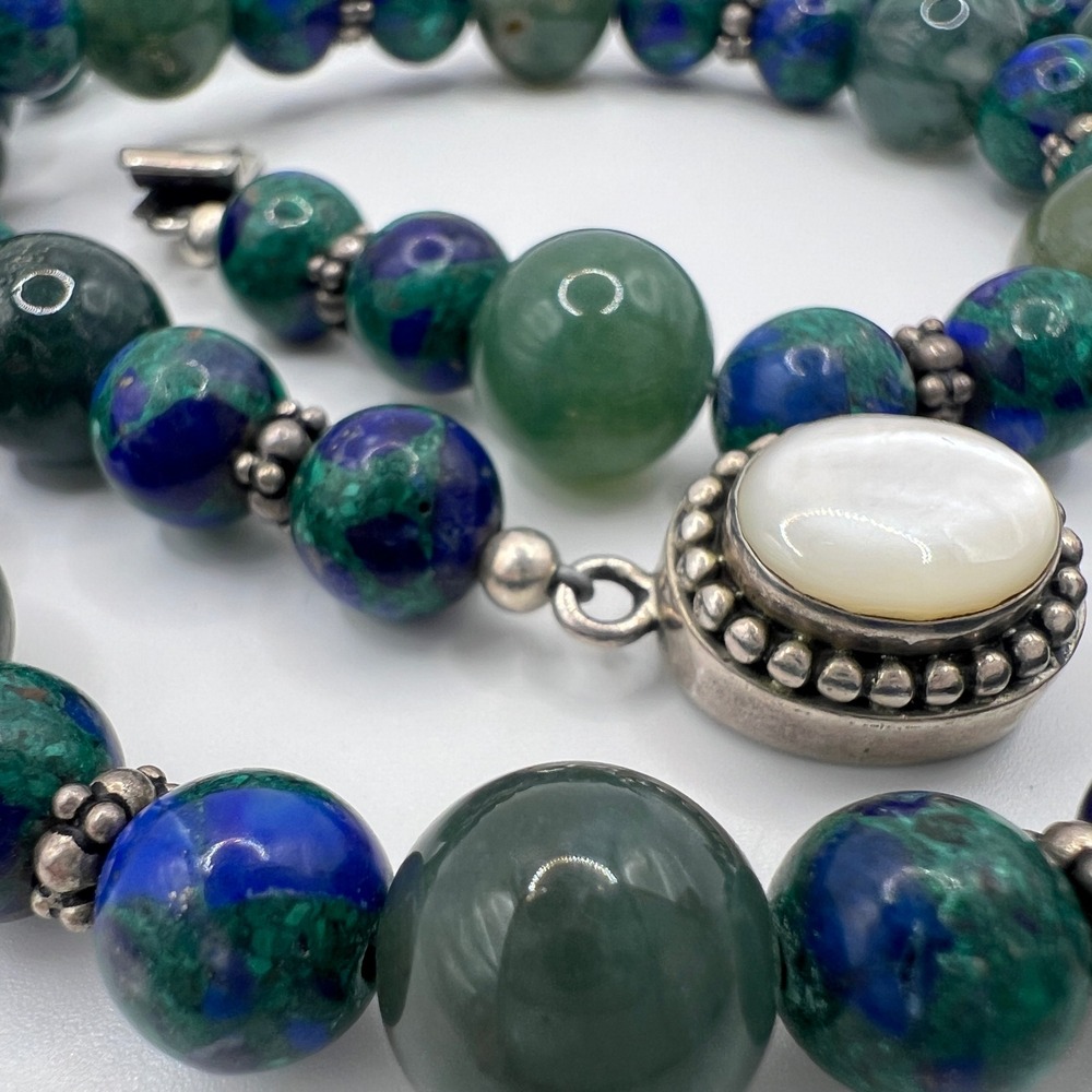 VTG 925 Sterling Azurite Malachite Moss Agate Mother of Pearl Beaded Necklace - Picture 9 of 13